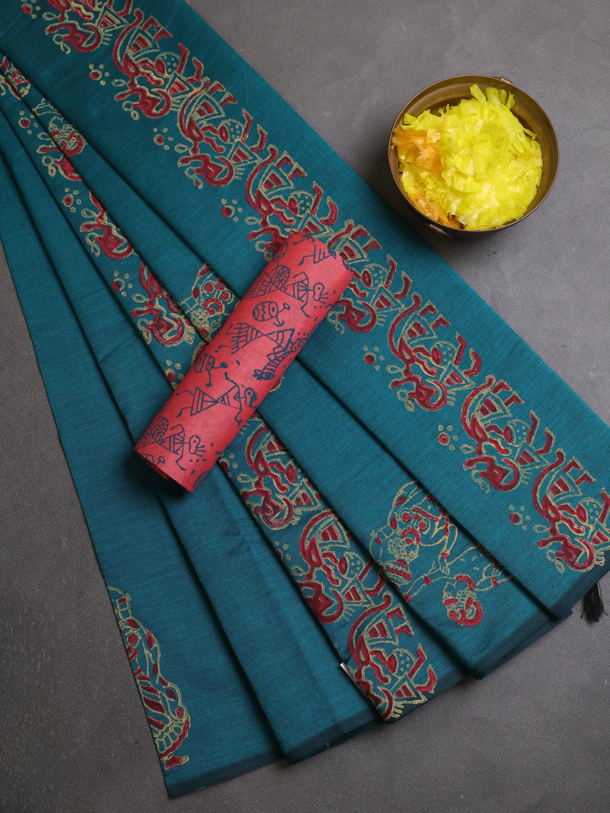 Semi Silk Cotton Saree - Peacock Green and Red